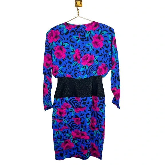 Vintage 80 A.J. Bari Blue Silk Party Dress Animal Print Floral Bow Designer Sz 6 - Picture 2 of 10